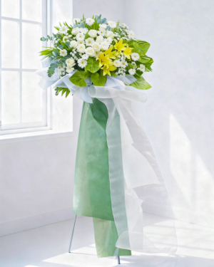 Lẵng hoa chia buồn – Vàng trắng